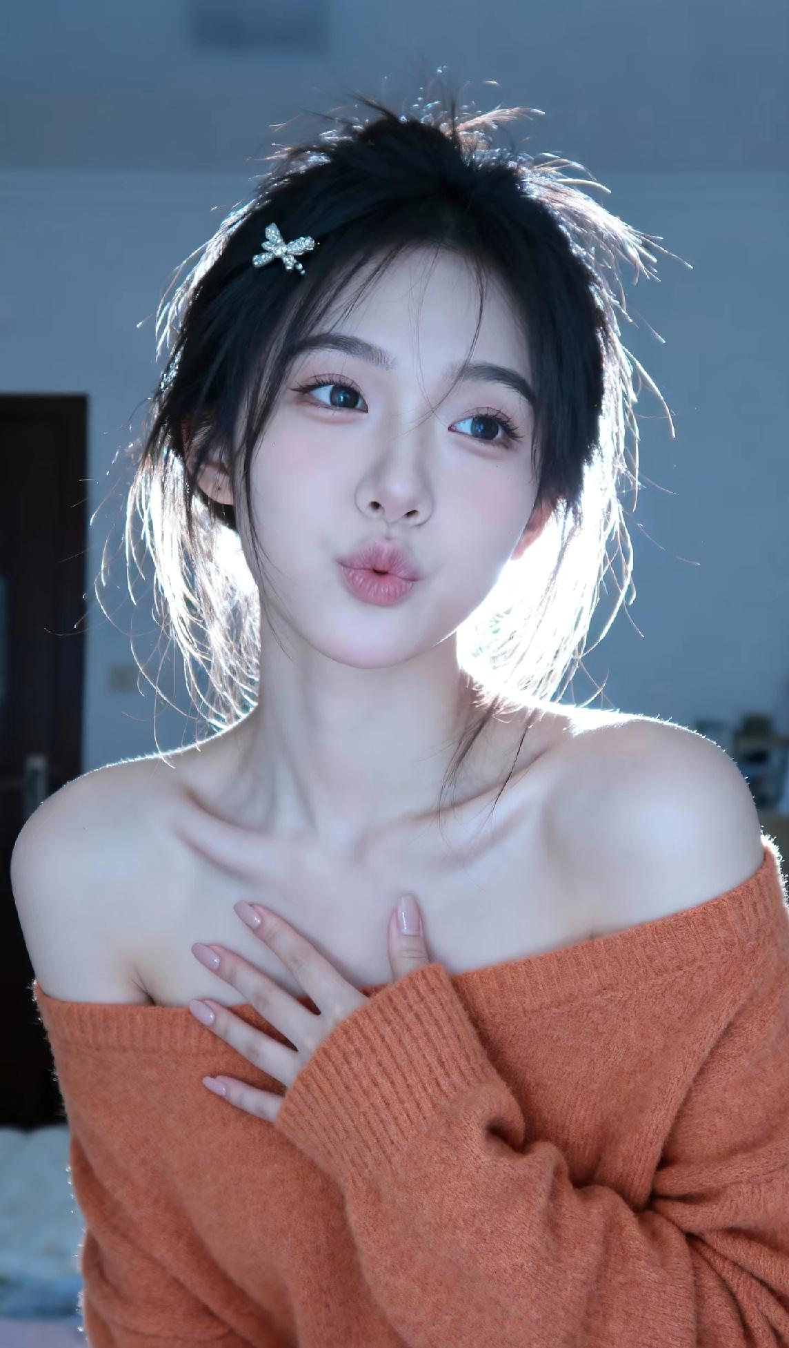 光之影少女心满满，温暖橙色毛衣，甜美发饰，轻吻脸颊，温馨氛围