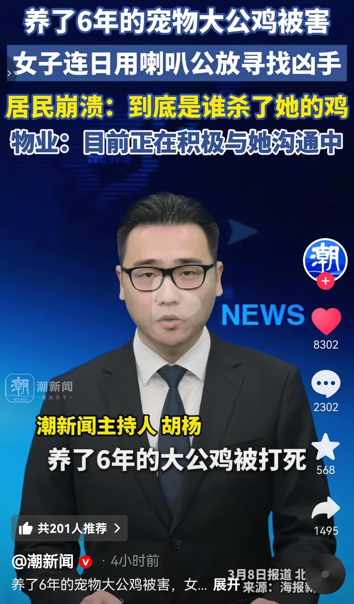 北京一女子在小区养6年的宠物鸡被人活活打死，她知道后，拿着喇叭在小区喊了3天：到