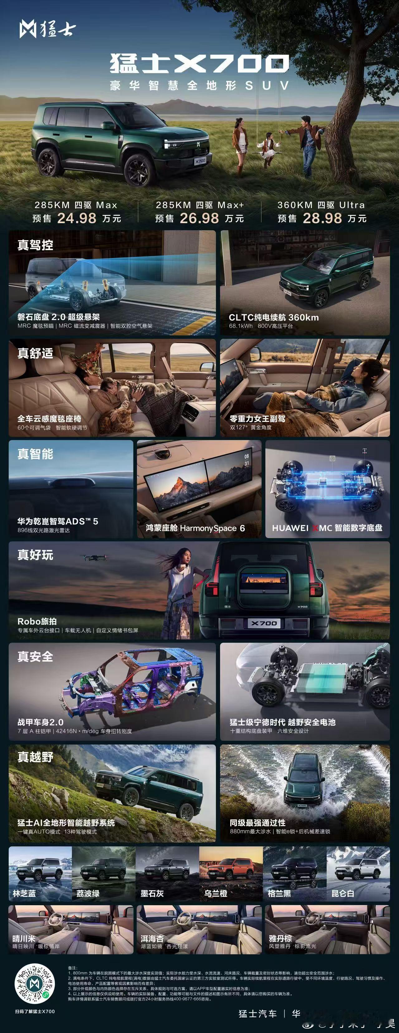 猛士X700定位豪华智慧全地形SUV，为猛士X系列首款车型，采用承载式车身，搭载800V高压插混/增