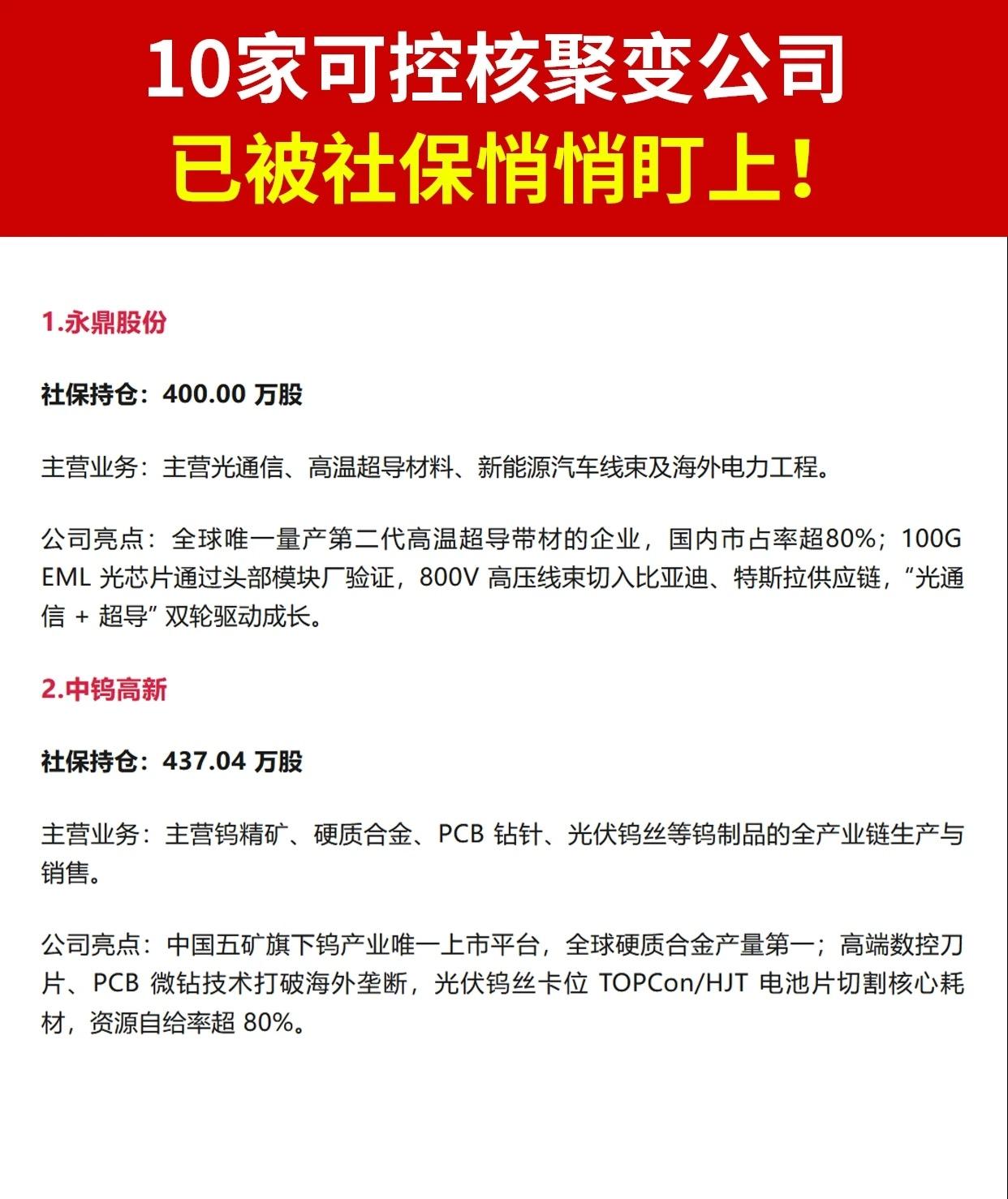 汇总了社保基金近期重仓的10家可控核聚变概念上市公司，涵盖持股数量、主营业