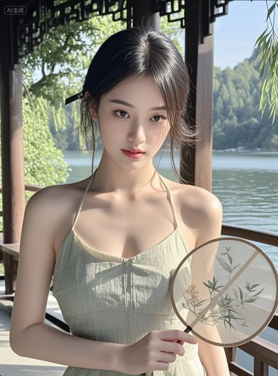 她站在湖边，像在等风，也在等你