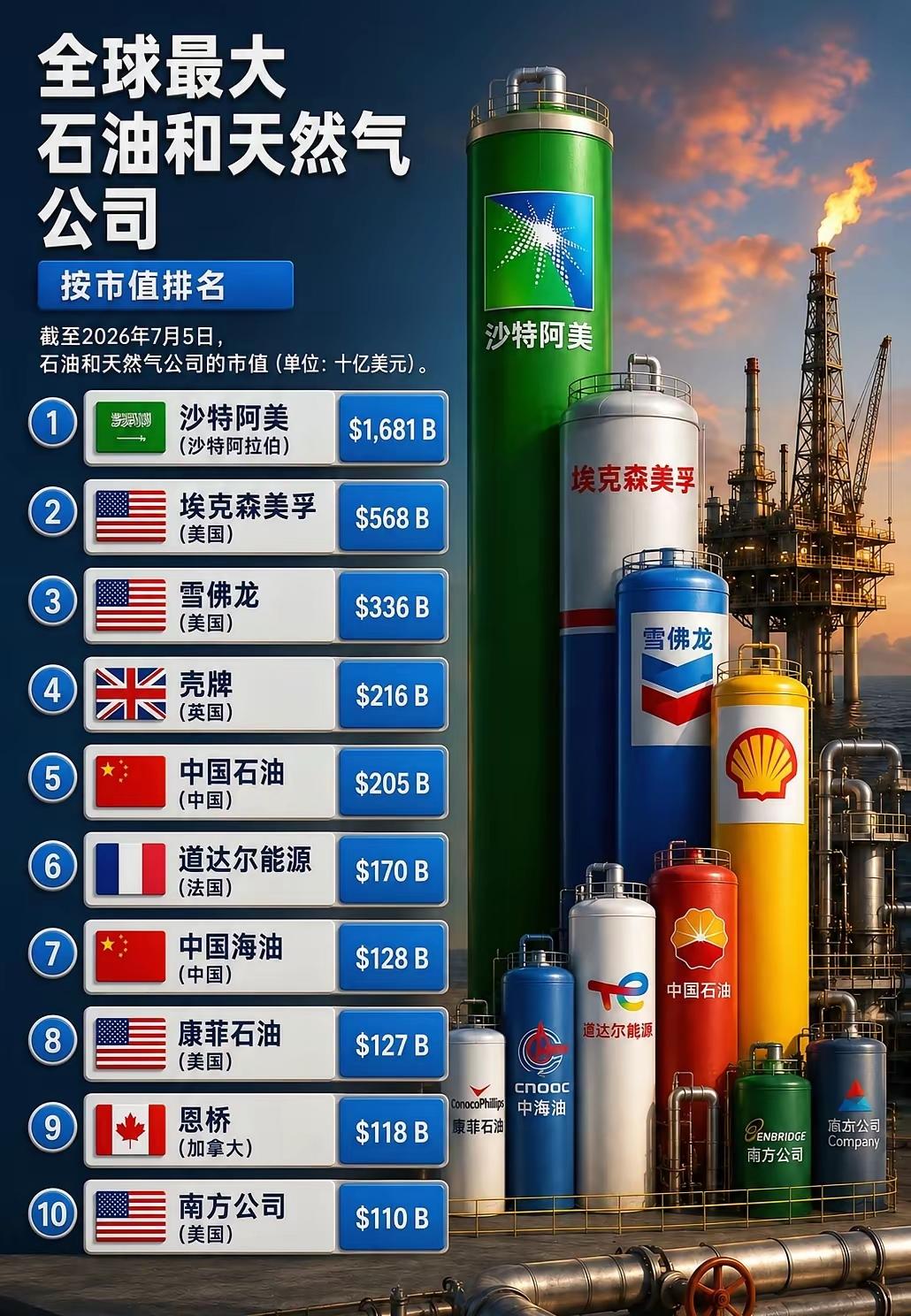 全球油气企业市值榜单出炉！两家中国企业稳居前十截至2026年7月全球油气公