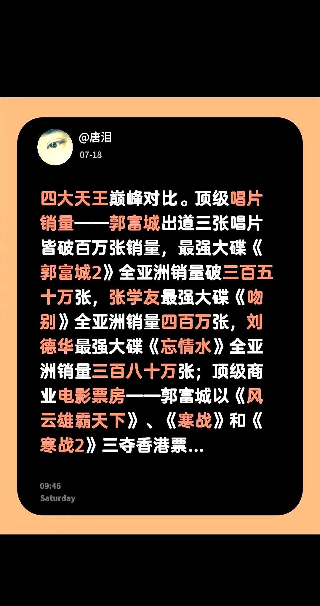 四大天王巅峰对比。郭富城当年硬是在香港娱乐圈闯出一条血路，他把唱片铺满全亚洲音