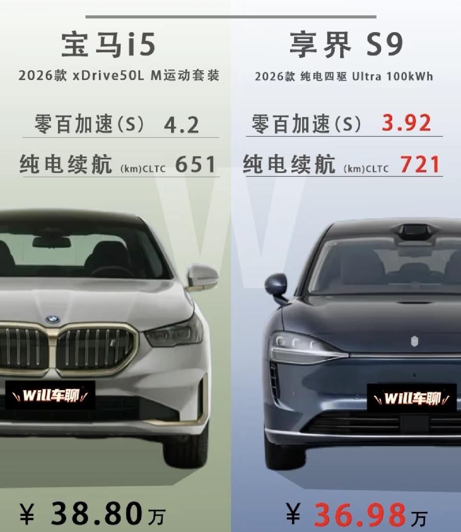 宝马i5和享界S9放一起比，还真有点看头。宝马38.8万，享界36.98万，价格