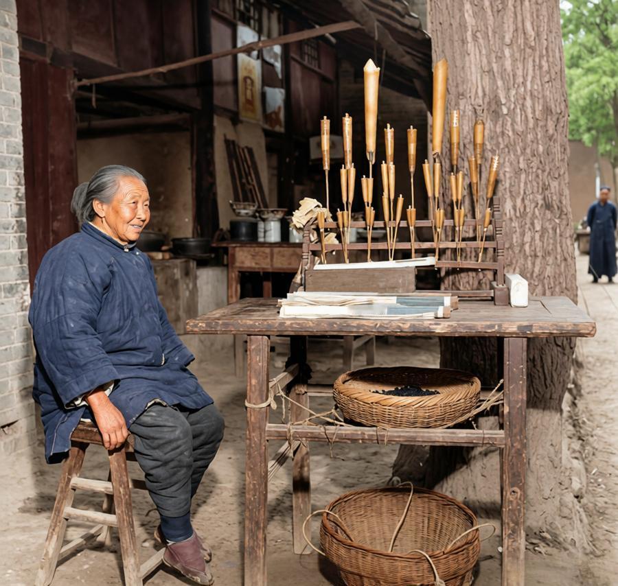 1947，临潼街头的香蜡摊，木桌上整齐插满了长短不一的线香、高香和粗蜡（烛），桌