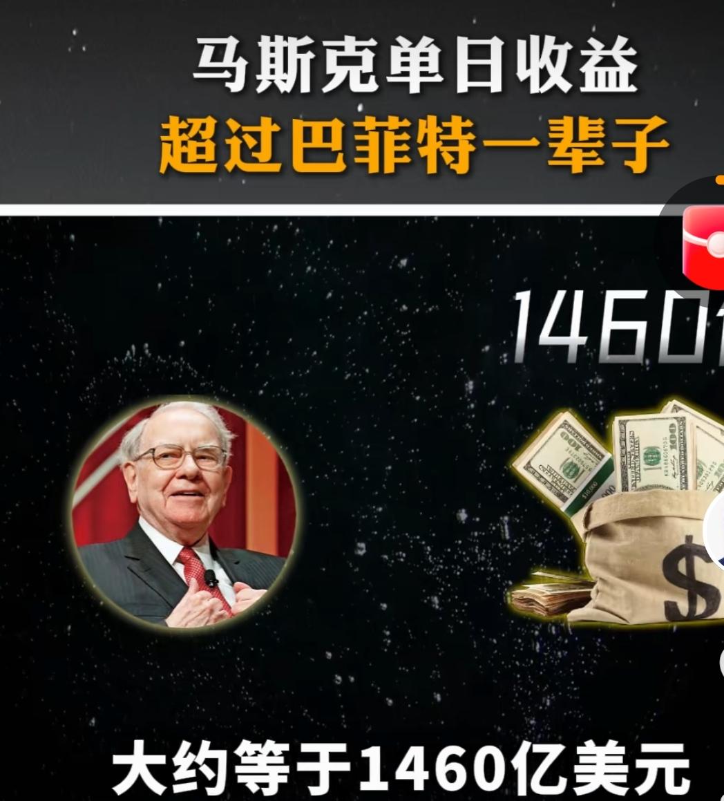 【马斯克＝8个巴菲特】巴菲特一辈子赚了1460亿美元，投资界把他捧为股神。然