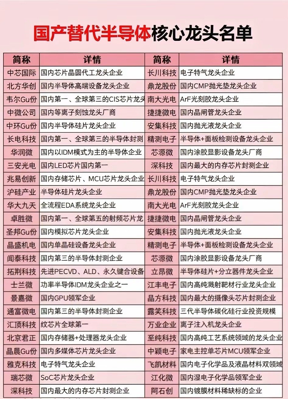 国产半导体龙头名单！未来已来，这些企业引领突破！​​半导体国产替代浪潮汹涌，这份