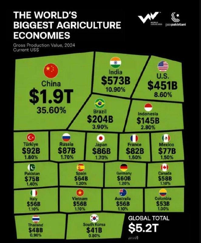 中国占世界农业总产量的35.6%。全球第一。但中国也是全球第一大粮食（农产
