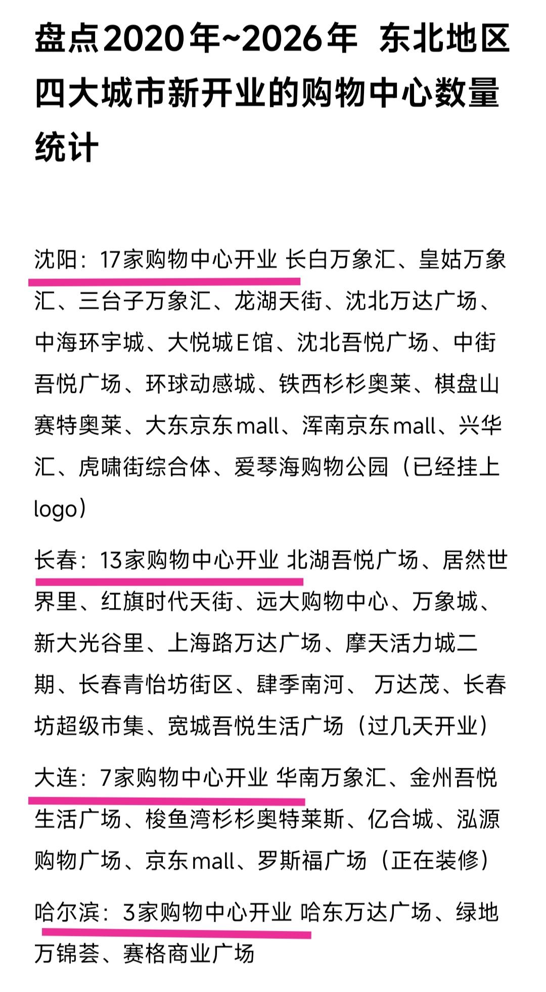 回顾最近几年沈阳与长春有十几家购物中心开业。大连新开业的购物中心数量不多，可是品