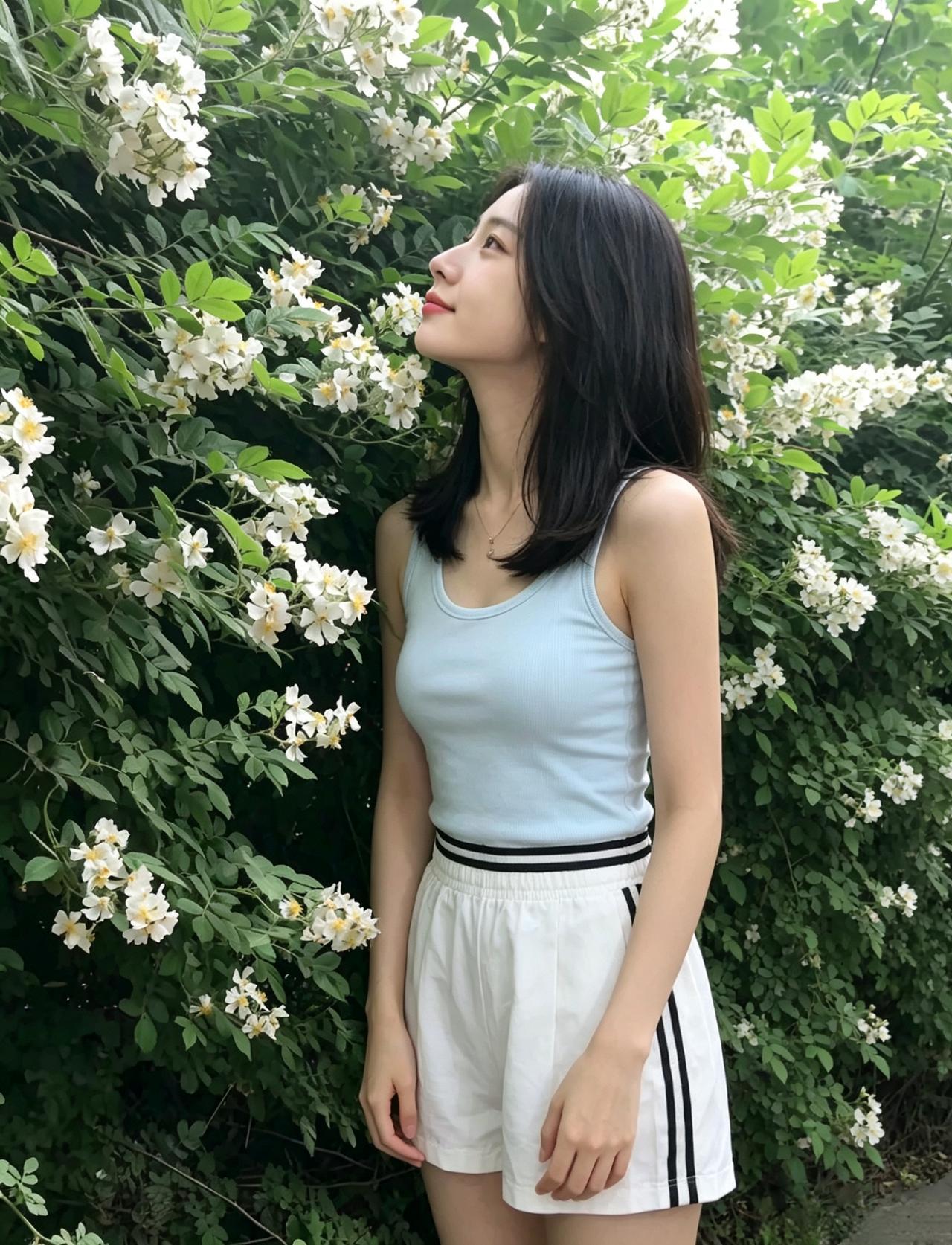 白花与绿叶铺成背景你站在蓬勃的生机里鼻端微嗅细碎花香眉眼弯弯连时光都慢了