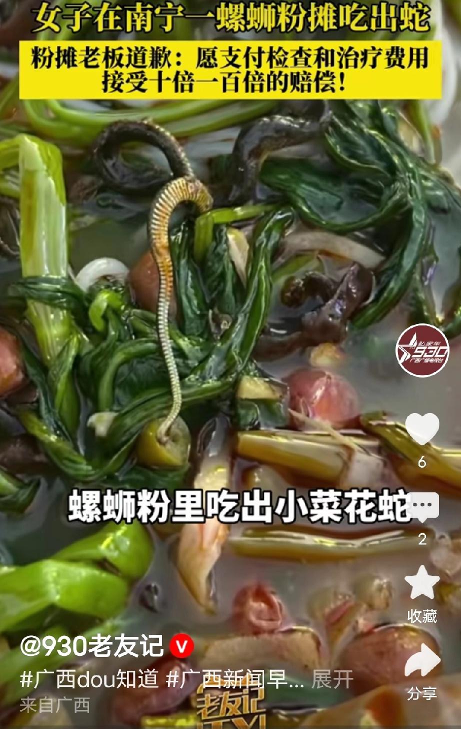 广西南宁，女子点了一碗螺蛳粉，拿起筷子想夹青菜来吃，不料，在青菜中发现一条花蛇，
