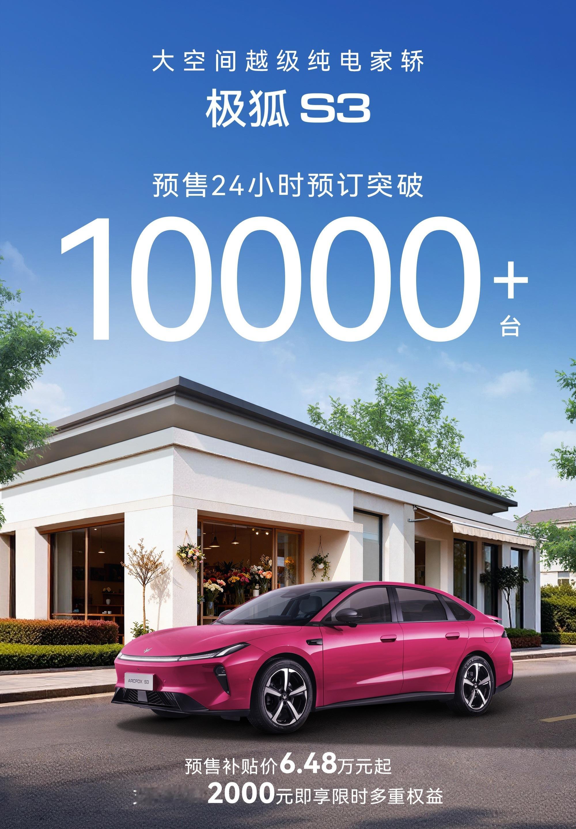 极狐S3预售24小时，预定量突破1万台。这车挺牛逼的，价格很低，规格很高，10万