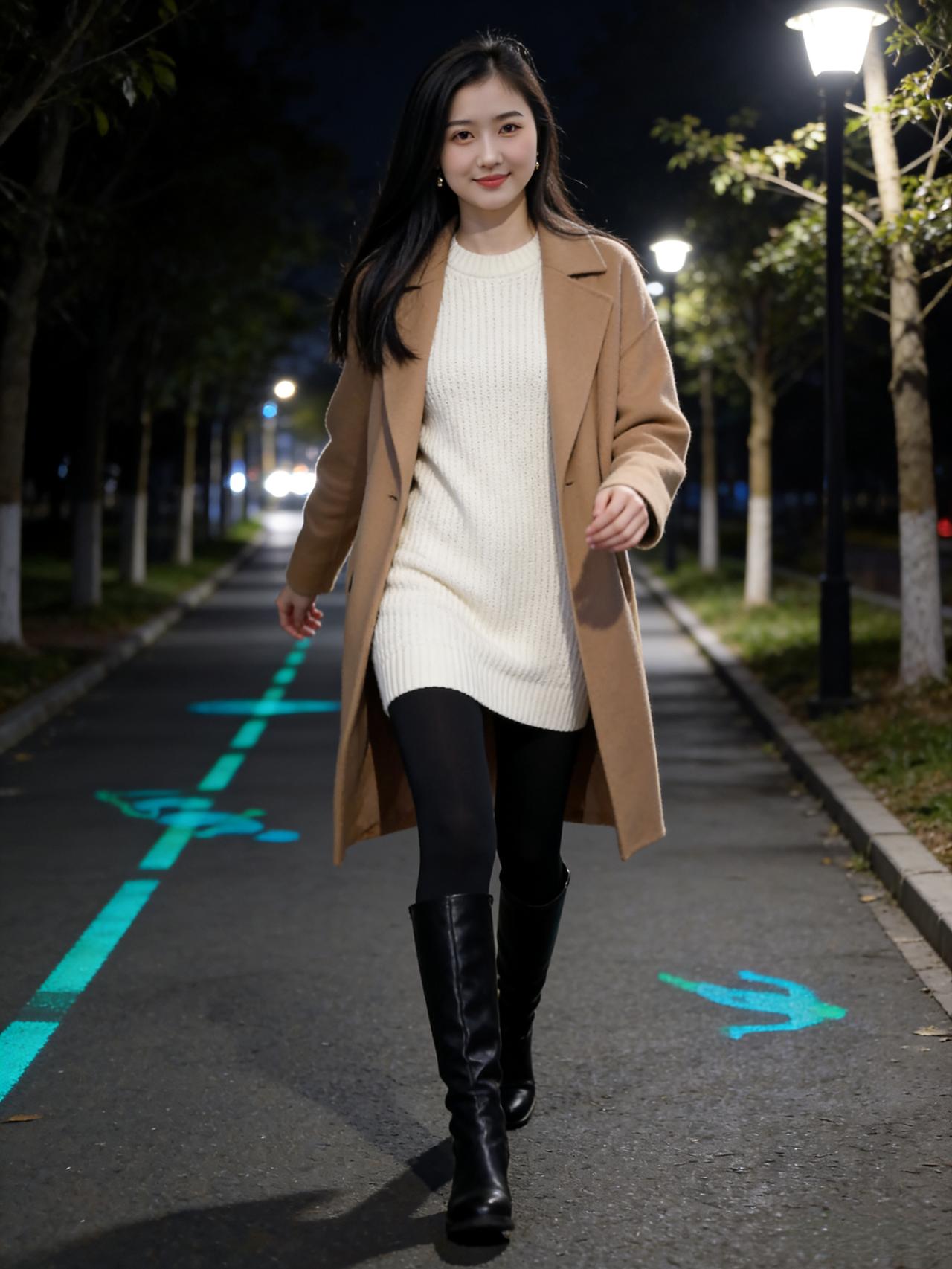 驼衣披暮色，素裙曳晚风。长靴踏幽径，疏影过芳丛。灯影摇青霭，衣香拂软红。行