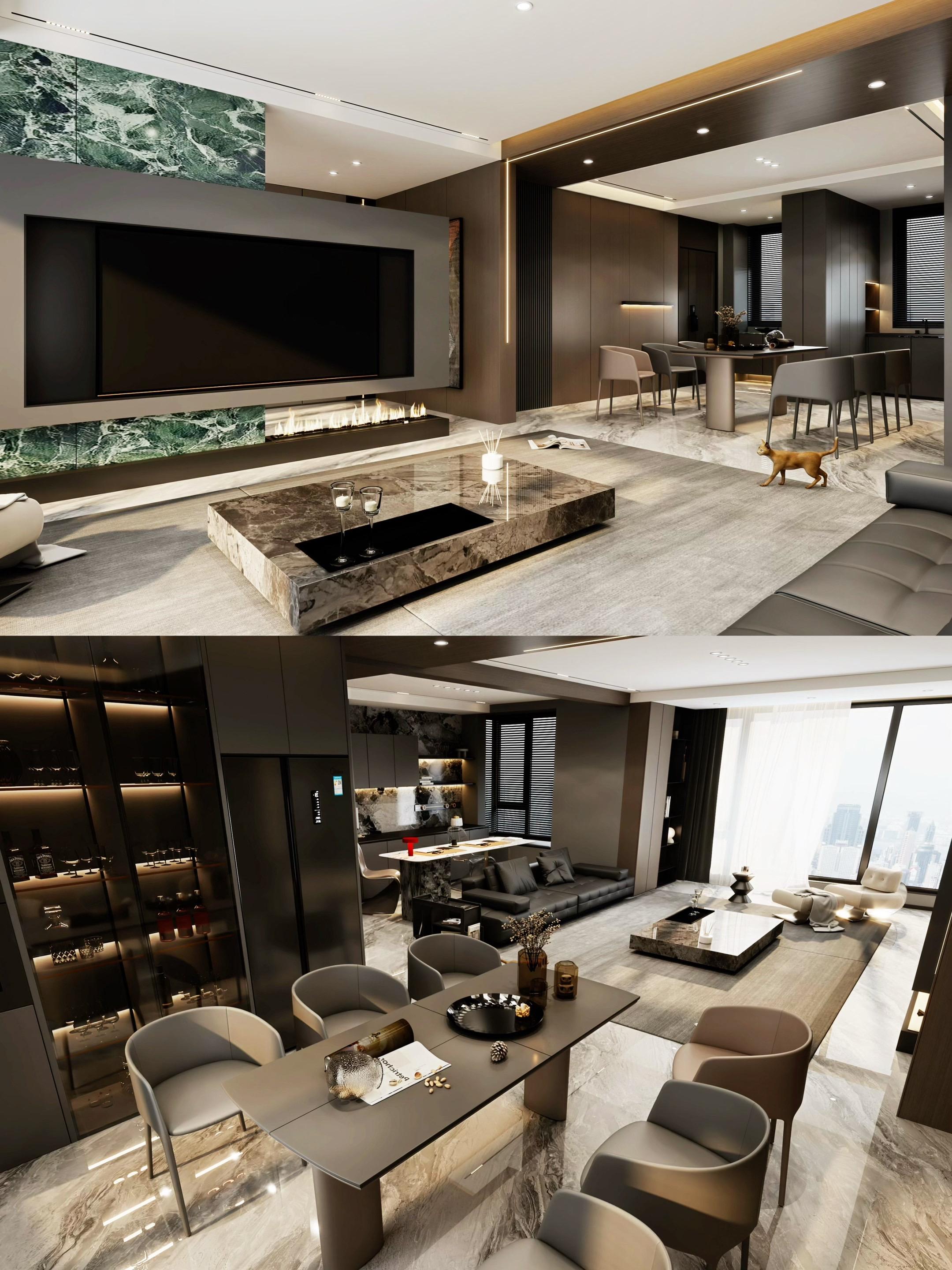 • 𝑳𝒀 𝑫𝑬𝑺𝑰𝑮𝑵.电视墙以悬空姿态呈现，沉稳的岩...