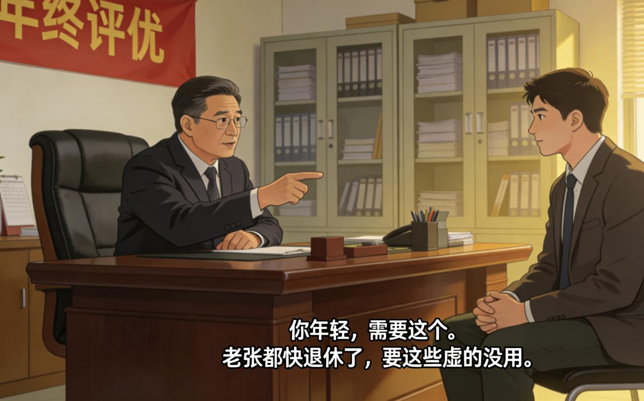 老张在单位干了二十年，还是科员。新来的处长比他小十岁，开会时说：“老同志要发挥余