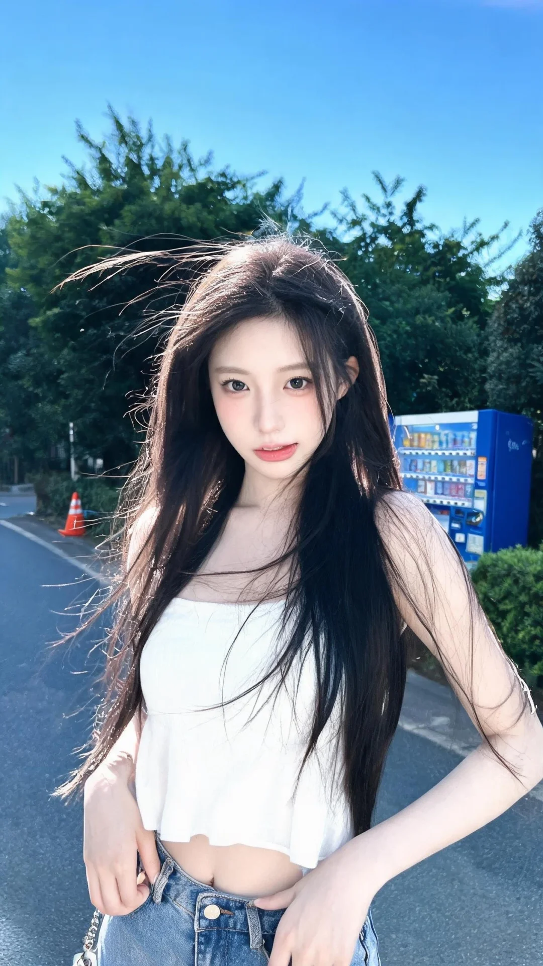 一位长发飘飘模样可爱的女生，尽显生活中的绚丽日常，人像摄影，日常快照风...