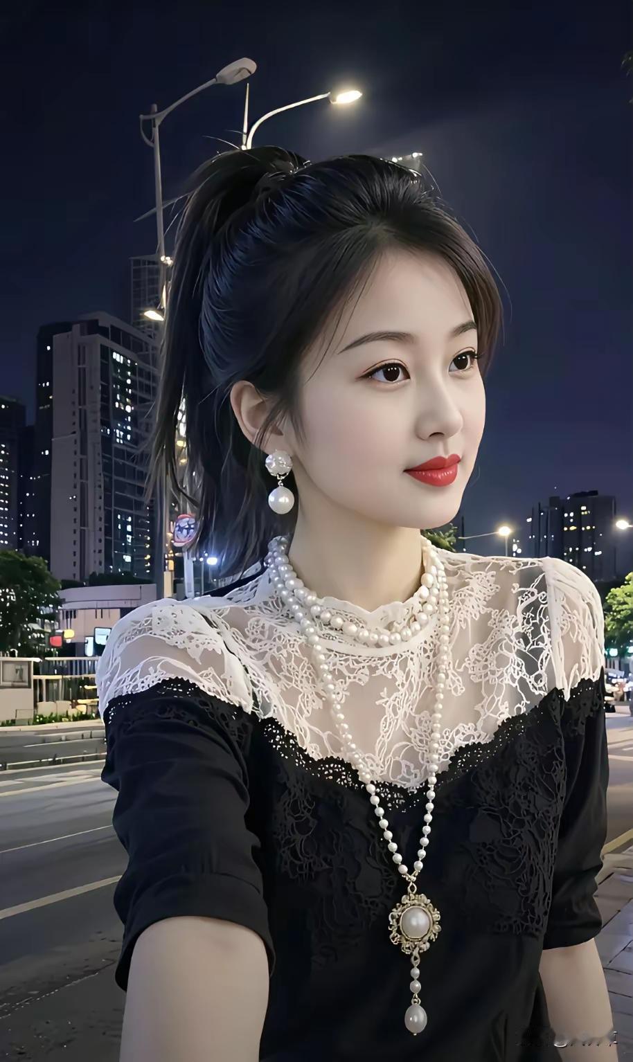 夜晚街拍，优雅黑裙搭配珍珠项链，气质满分！🌃✨