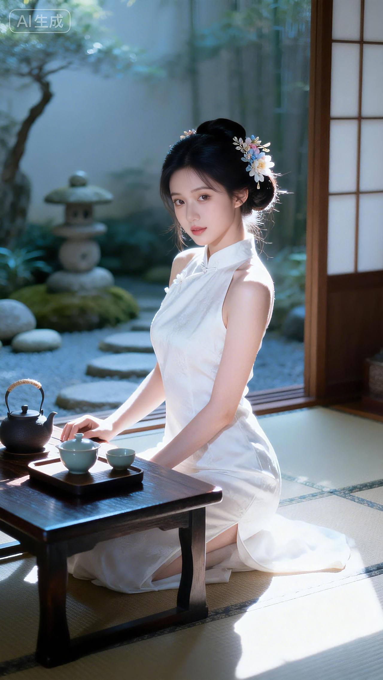 美图壁纸共享簪花女子端坐茶室，月白旗袍在禅意光影中静如初雪。壁纸豆包写真