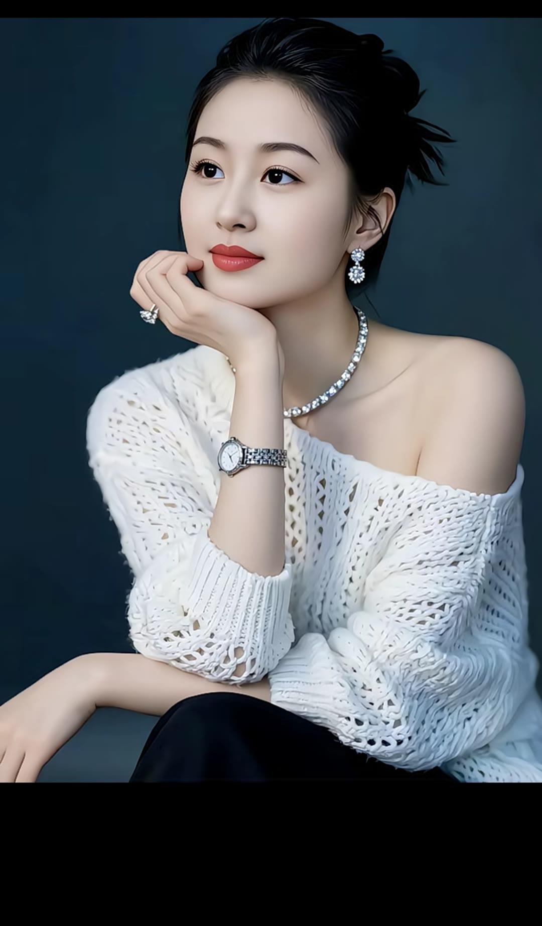 优雅气质，白衣黑裙，珠宝闪耀，沉静如水。