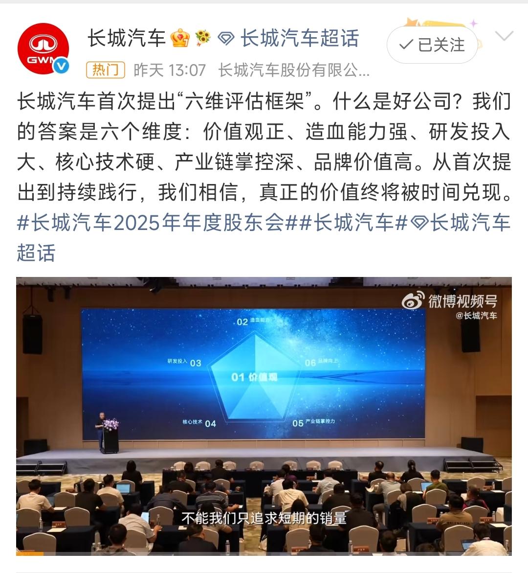 汽车界一股清流，长城汽车全行业首次提出“六维评估框架”。什么是好公司？六个维度：
