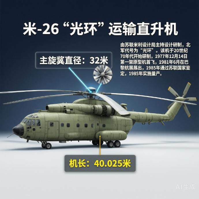 #军事ai新视野#米-26“光环”运输直升机［苏］机长：40.025米主旋翼直径：32米机高：8.1