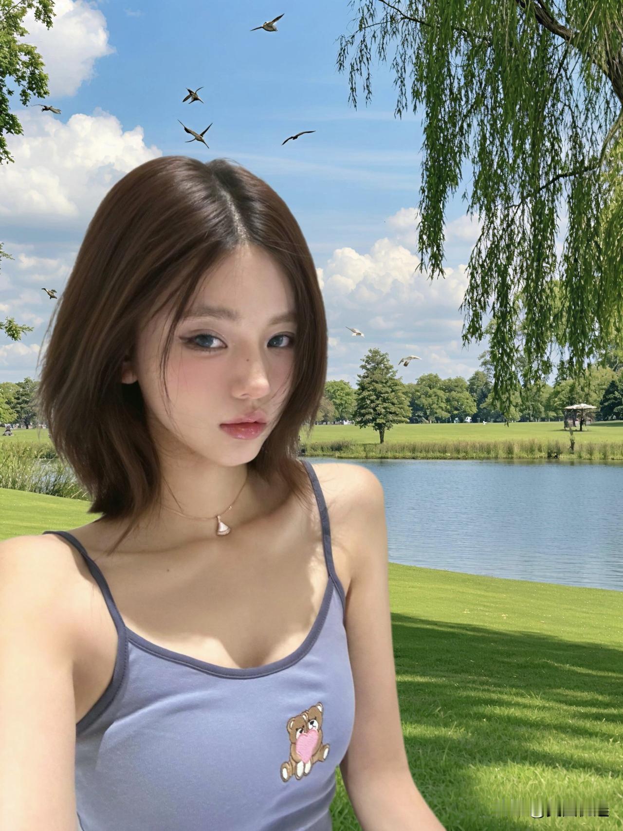 夏日清新自拍，绿意盎然公园，少女心满满！🌿💖