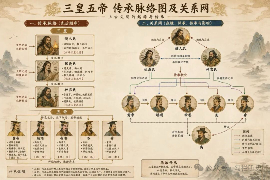 上古时期，中华薪火相传，大致可分为三个时代，分别是三皇（神话）时代，五帝时代，家