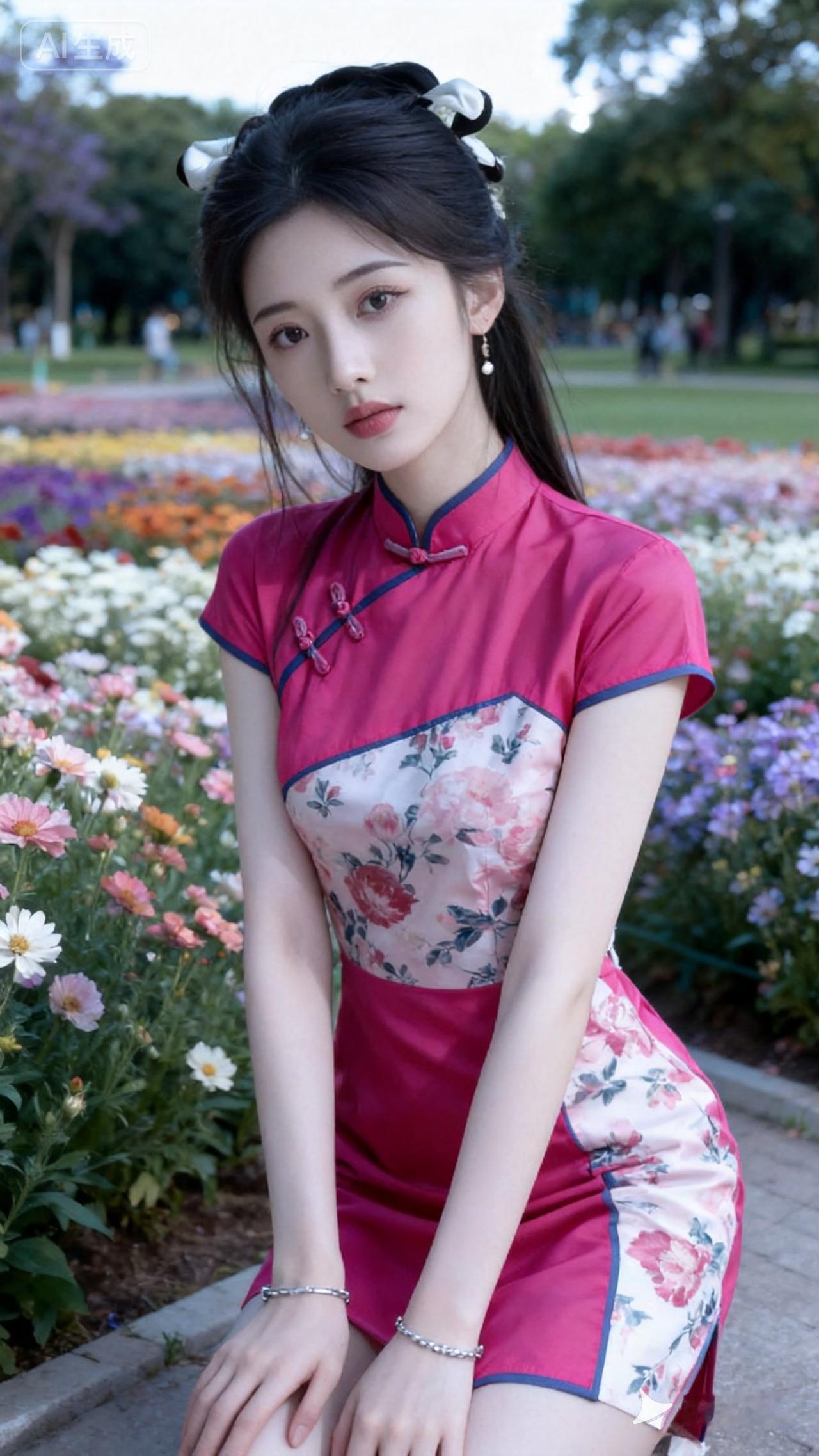 粉色旗袍少女，花丛中静坐，宛如画中仙子。