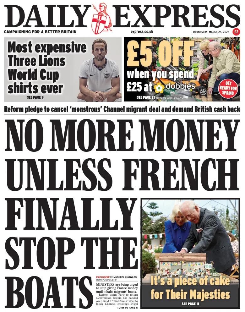 《每日快报》以改革党对英国与法国的英吉利海峡移民协议提出要求为头条。这份价值4