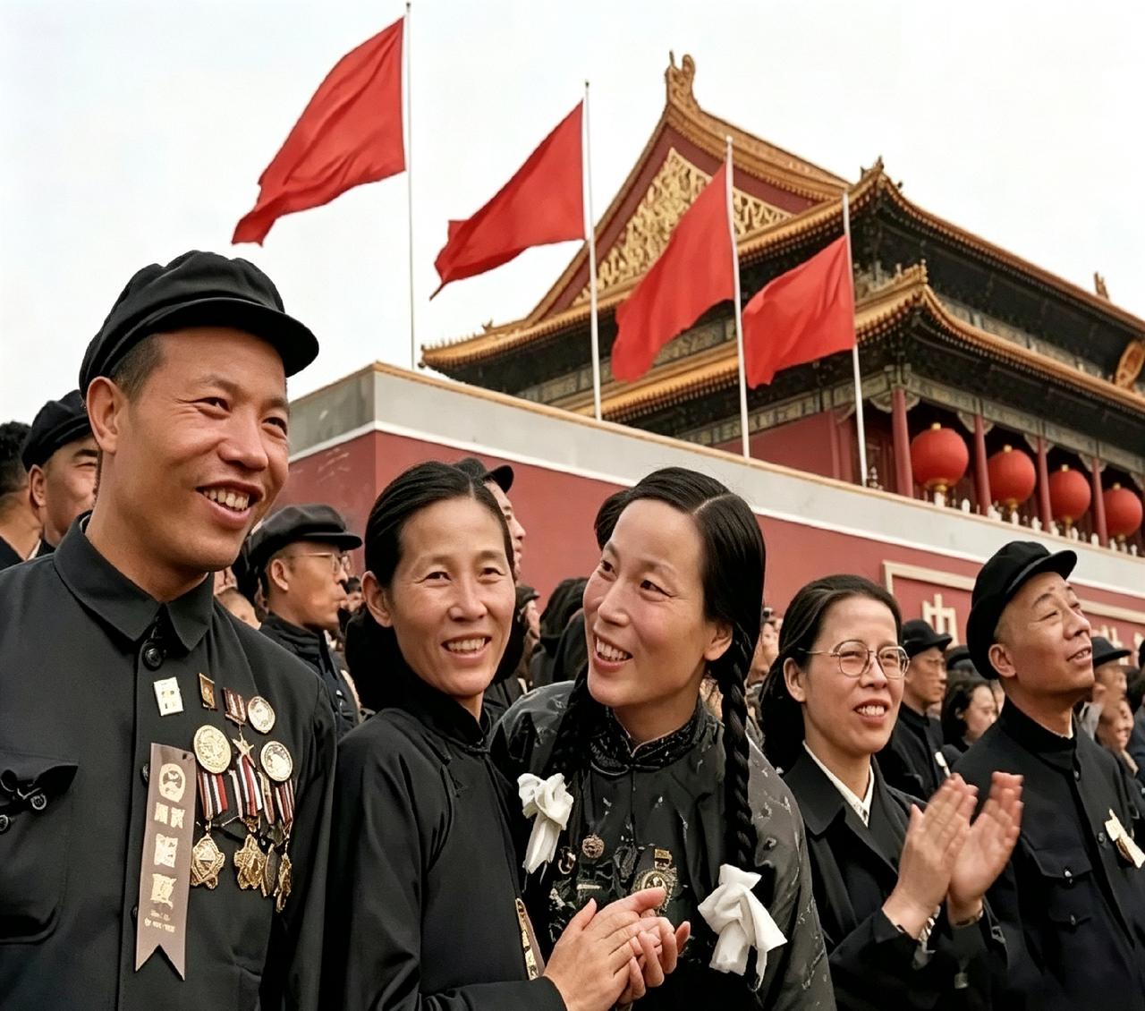 翻出张压箱底的老照片，笑得多实在！五几年国庆，刘胡兰的妈妈和劳模李顺达、申纪兰在