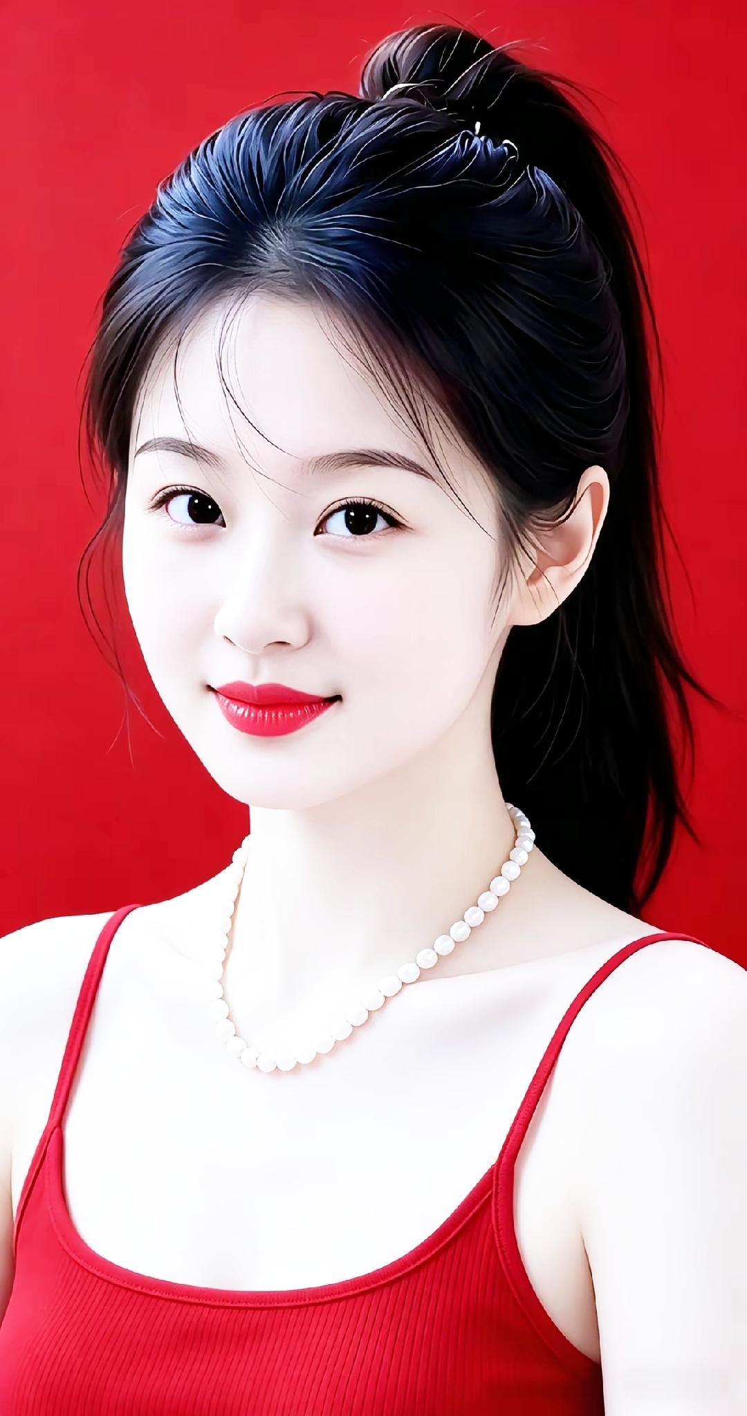 甜美少女风，红唇与珍珠项链的完美搭配，背景的红色更添几分热情与活力。