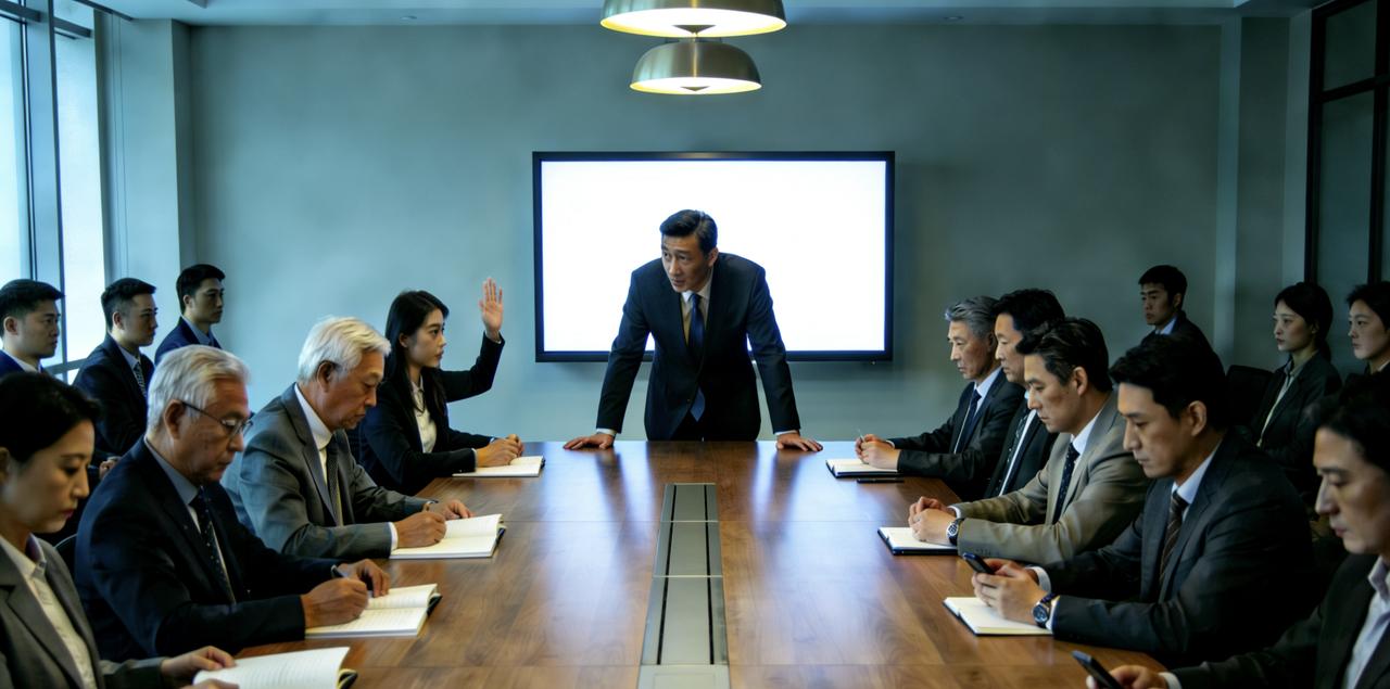 公司做季度复盘，会议室坐了二十多个人。主管问：“大家对项目流程有什么建议？”