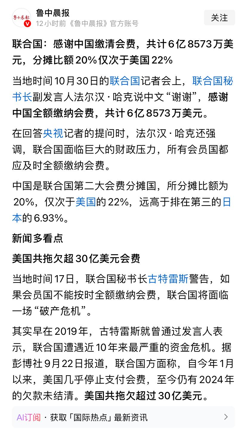 大国担当,联合国感谢我们交清了会费,一下就交了近49亿人民币。现在联合国会费大头