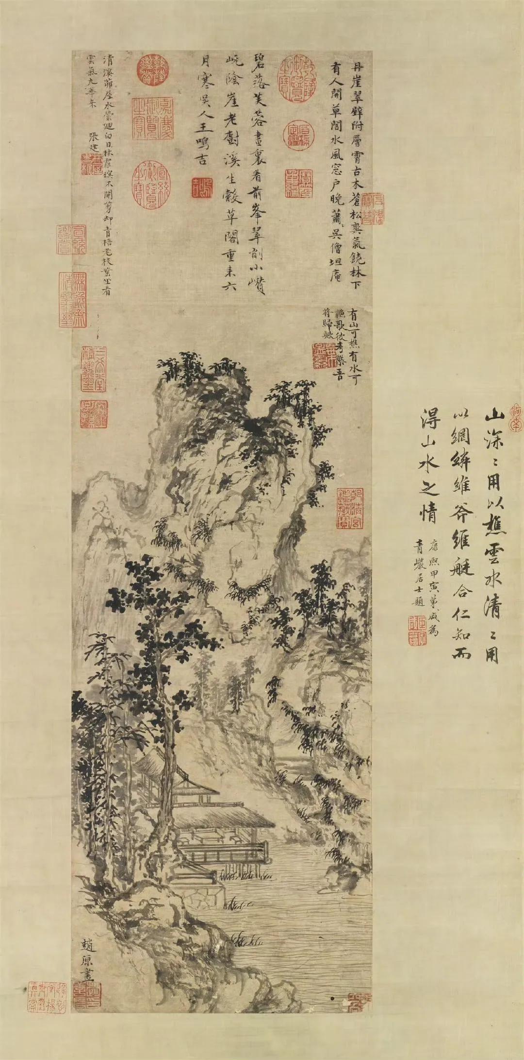 元赵原溪亭秋色图，台北故宫博物院藏。​​​明唐寅西洲话旧图轴董邦达双峰