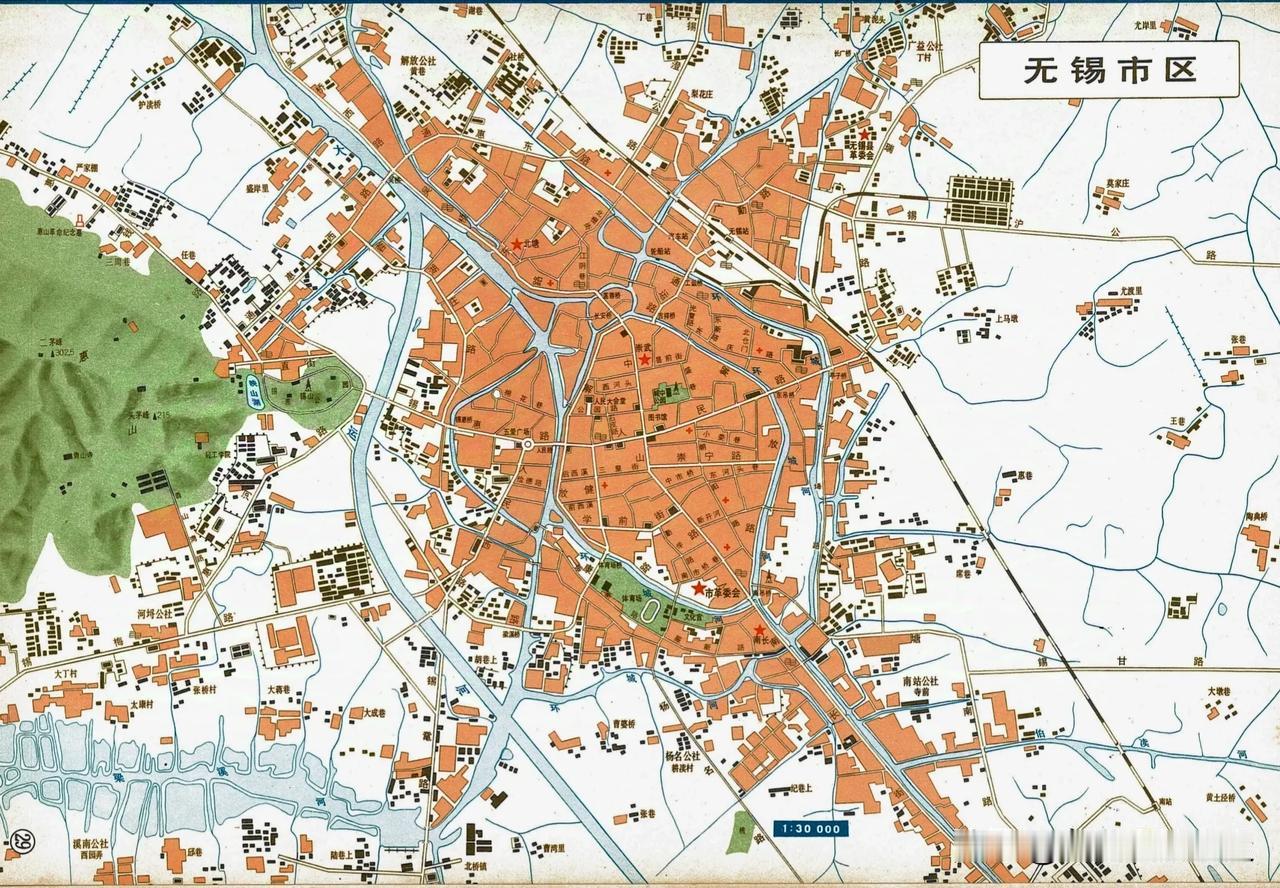 1978年江苏省无锡市区地图。当时的无锡市下辖崇武区、南长区、北塘区、以及郊区。