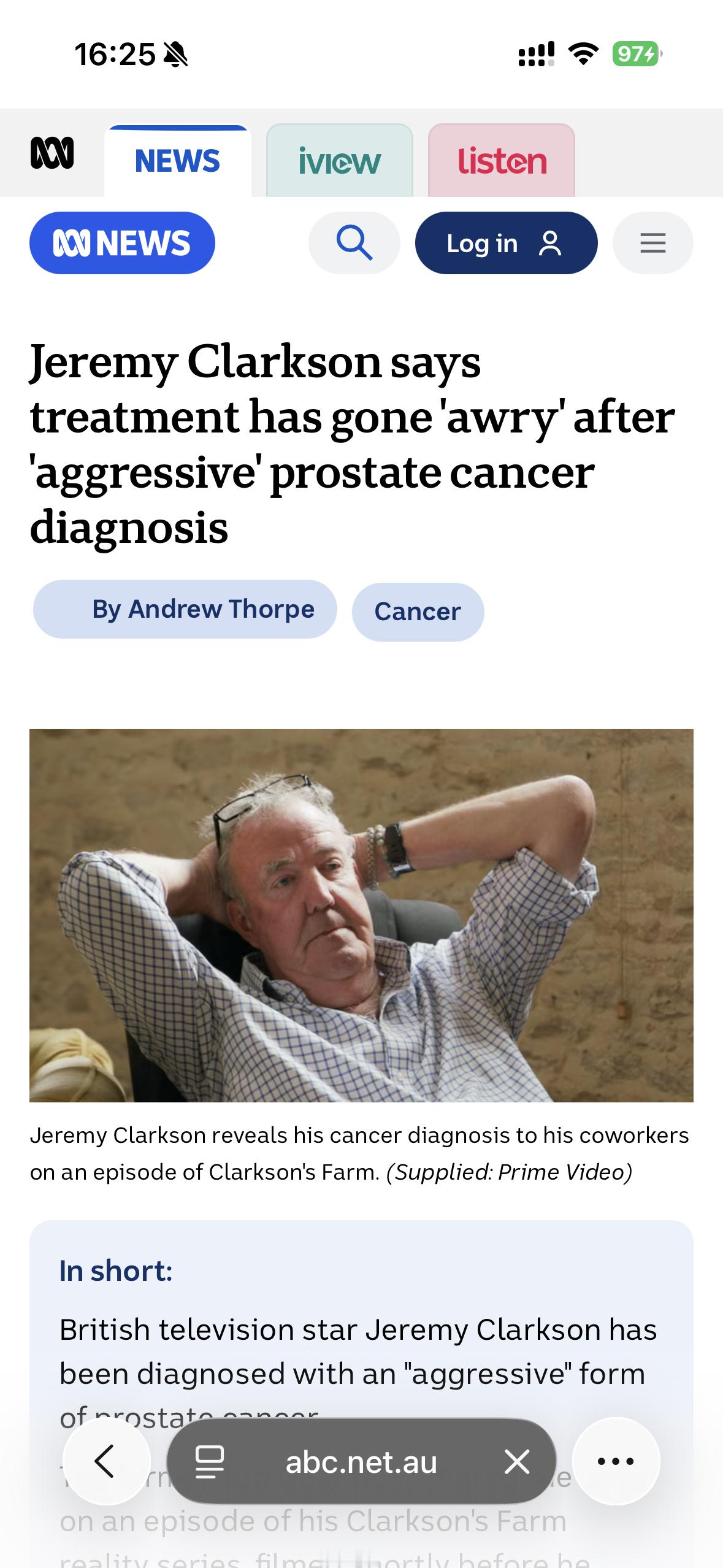 Badnews：大猩猩JeremyClarkson宣布确诊癌症。不幸中的万幸