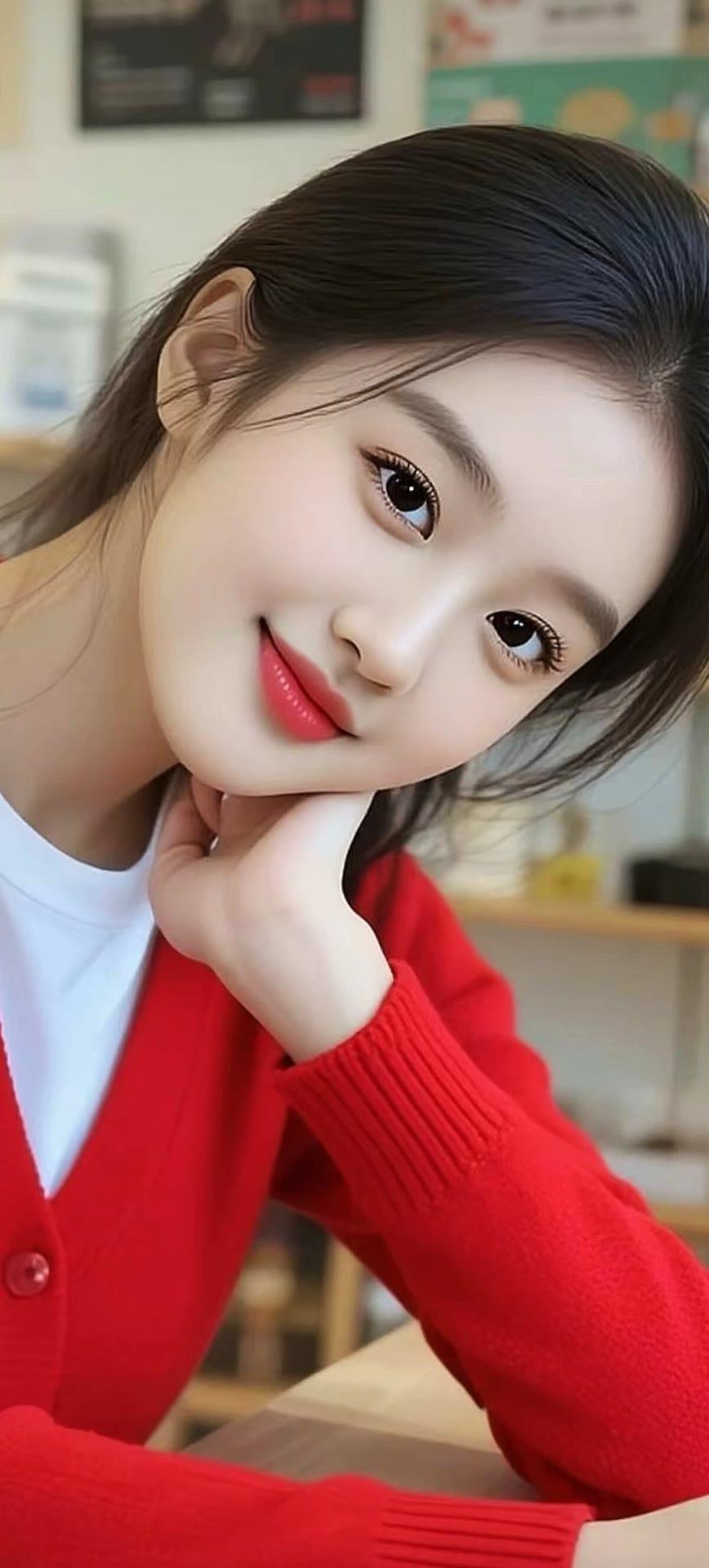 红衣美人倚栏，笑靥如花。