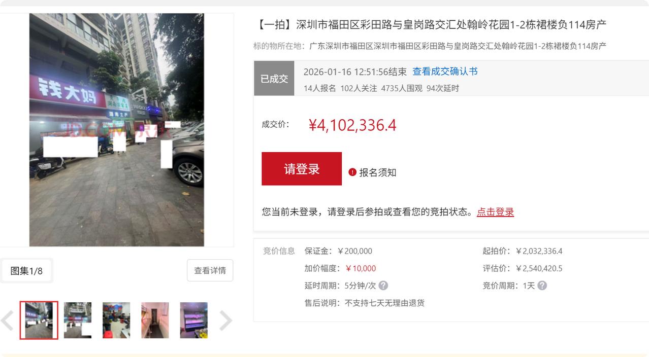 经过106轮激烈竞价，深圳福田区一商铺以溢价102%的价格拍出在今日（1月1