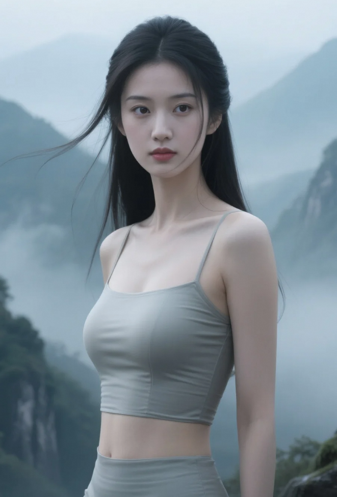 莲步轻移，花瓣随她的裙摆飘落，她宛如山谷中的精灵