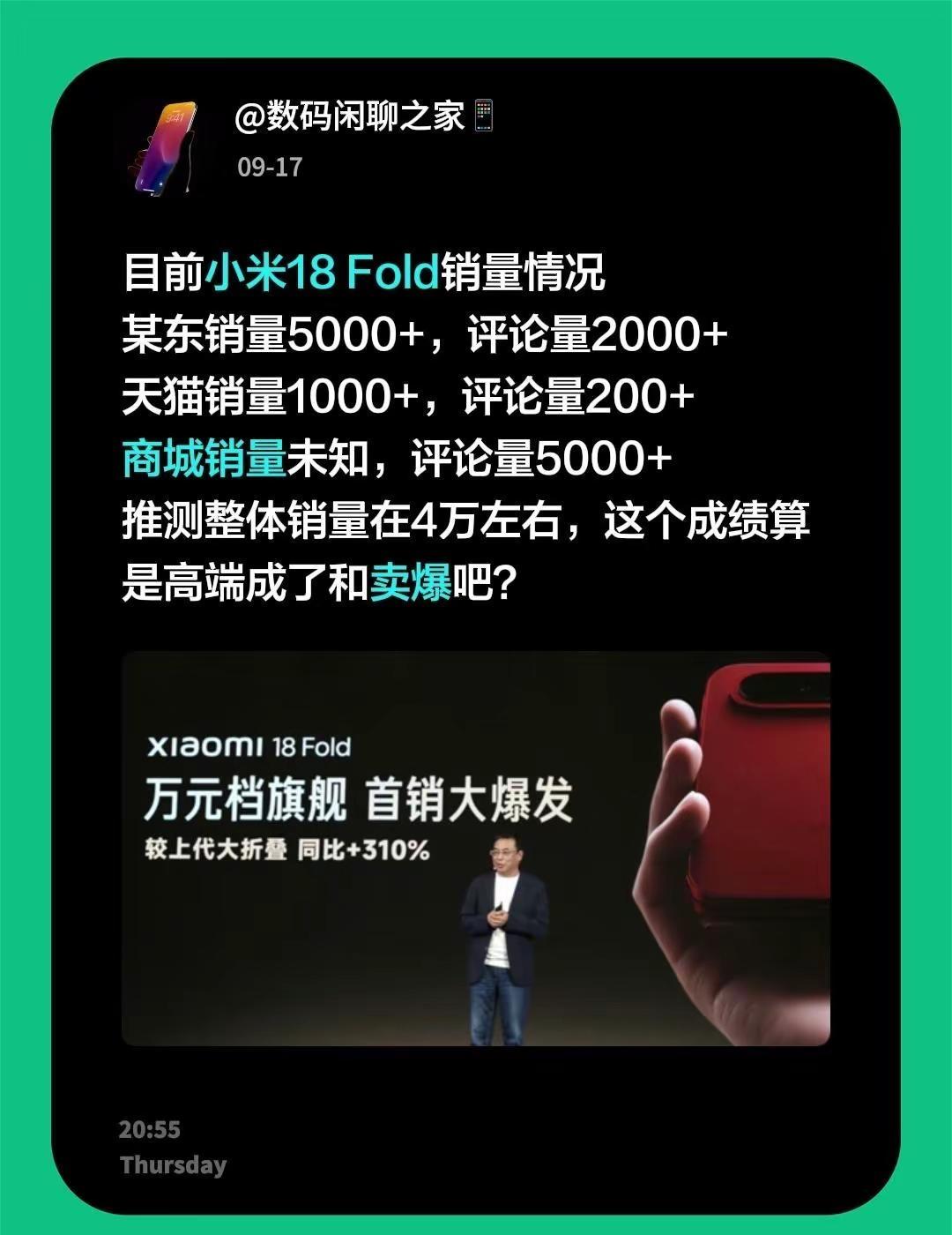 目前小米18Fold销量情况某东销量5000+，评论量2000+天猫销量100
