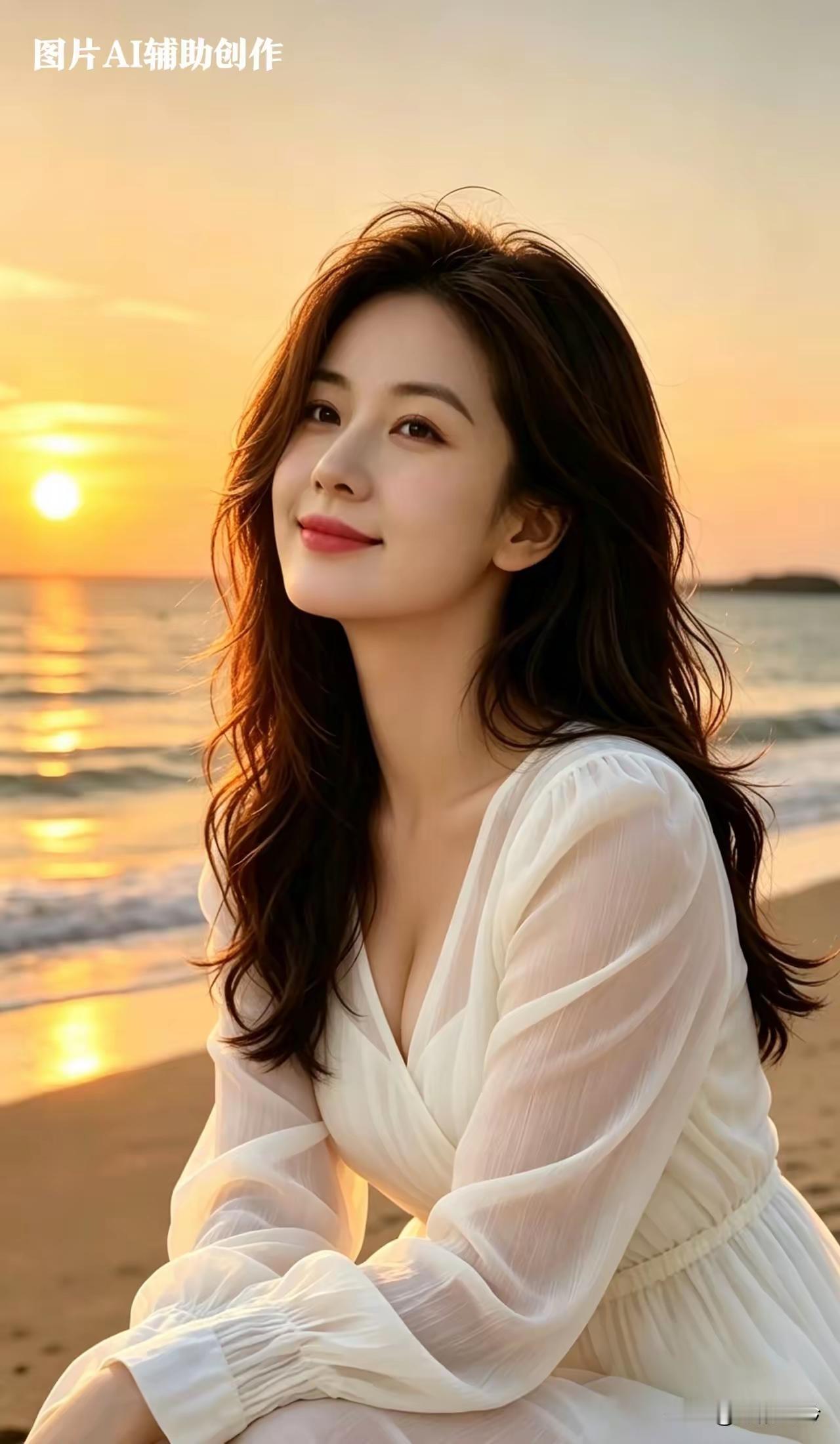 海边日落，她微笑着看海。