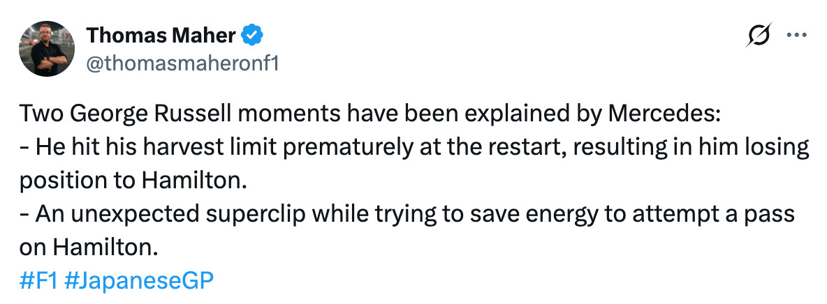 ThomasMaher：梅赛德斯车队解释拉塞尔两次被超越原因1.安全车重新起