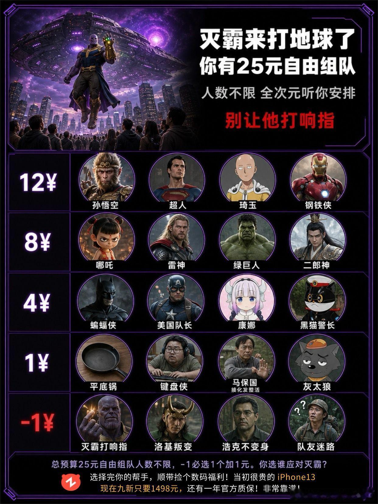 灭霸来打地球，给你25元自由组队。孙悟空超人琦玉钢铁侠哪吒