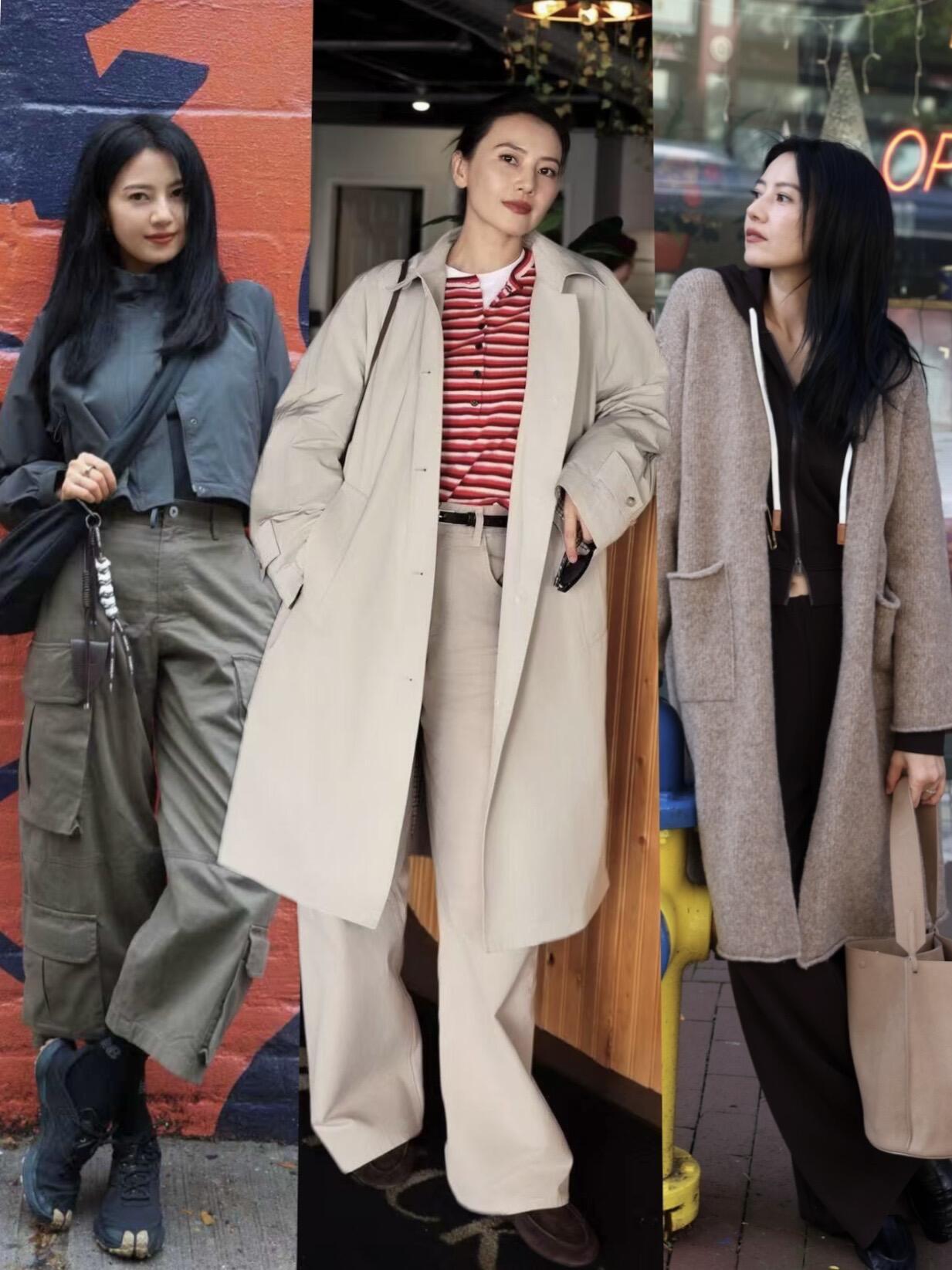高圆圆私服超松弛！三组造型各有韵味，轻松解锁早秋穿搭思路。浅米色长风衣搭配红条纹