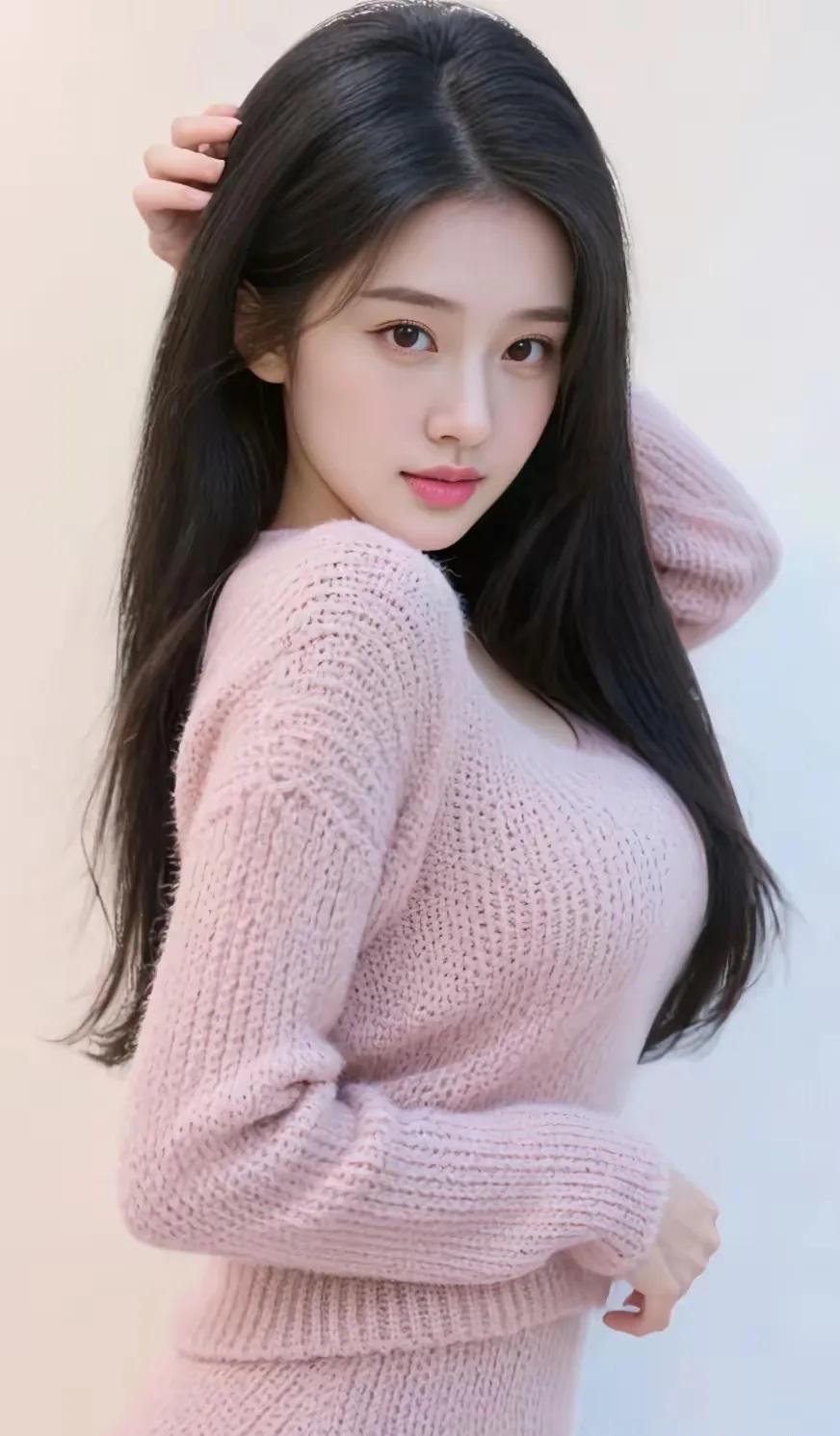 粉衣美人倚，玉颜似雪柔。美女欣赏图片