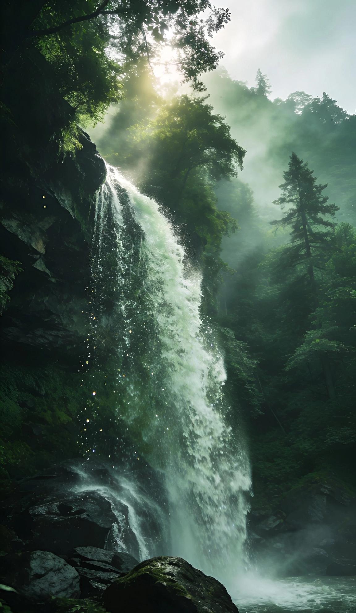 奔赴一场山野治愈，把瀑布的清凉搬进屏幕里。清晨的瀑布裹着薄雾，水流撞在青石上溅起