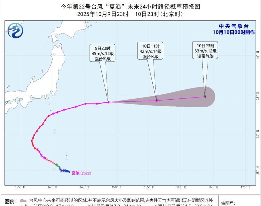 台风“夏浪”减弱至14级，10日夜间起将变性为温带气旋！今晚(9日)23时25分