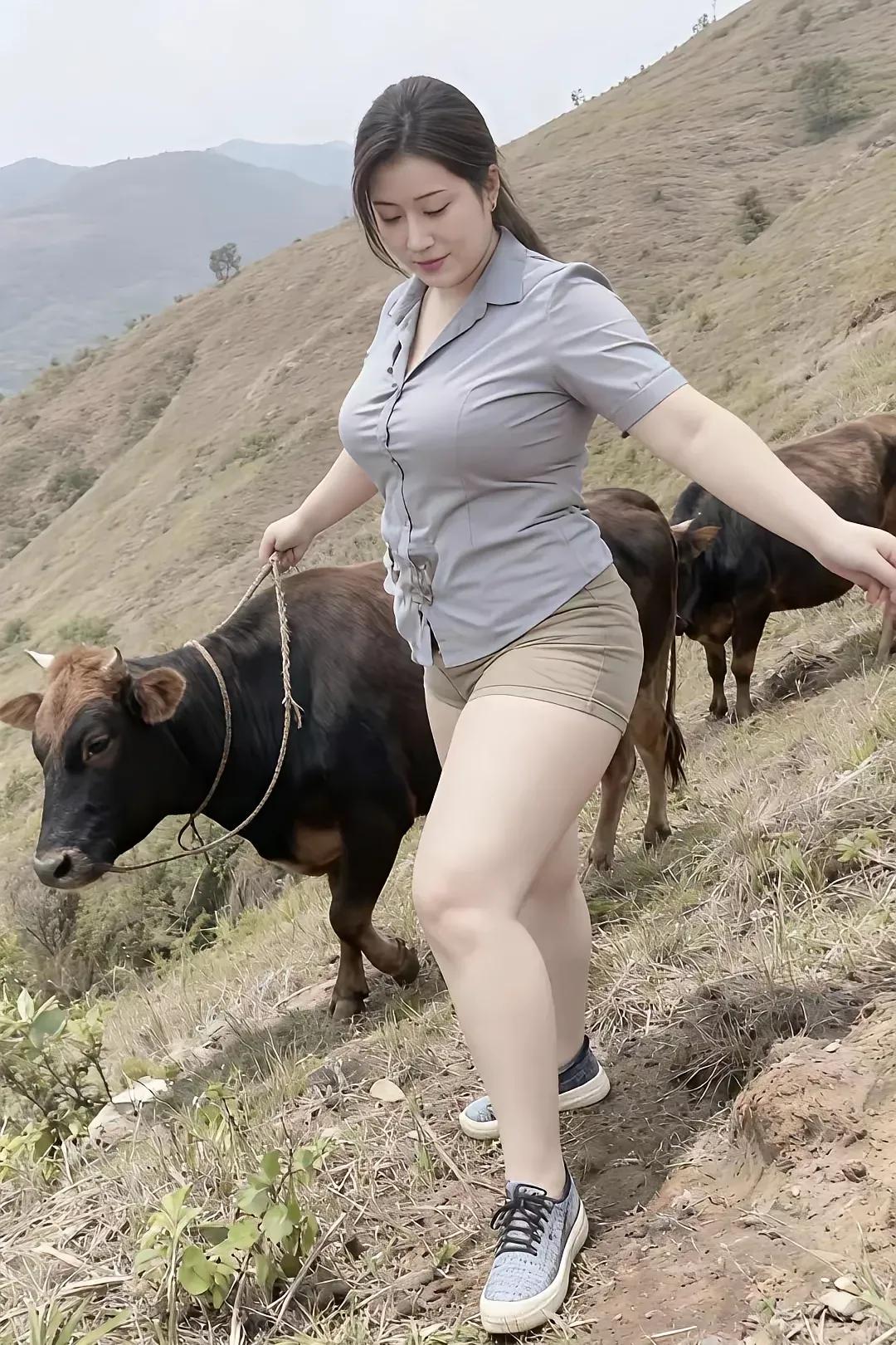 村姑美貌又纯真短衣短裤裹丰身肤白胸隆曲线优疑是牵牛织女星