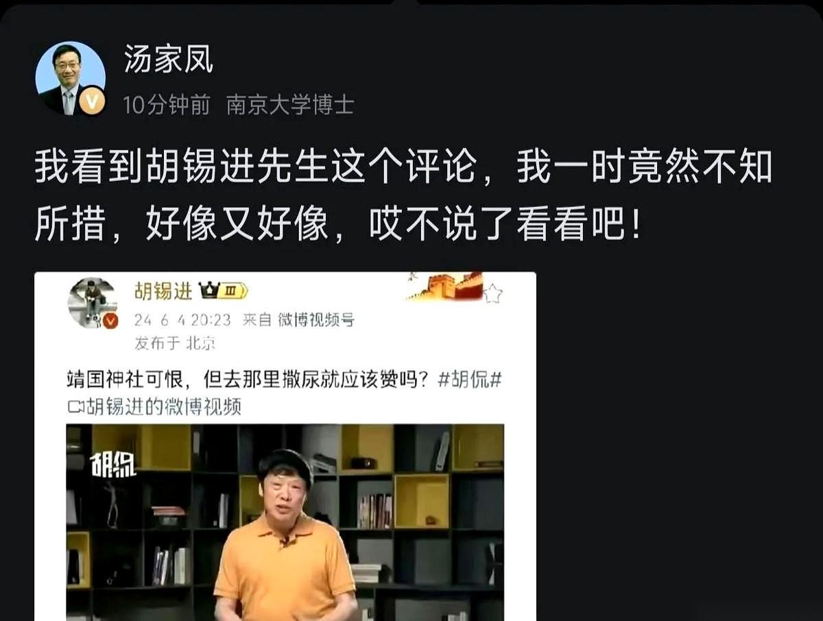 汤教授这一记直拳，算是把胡锡进那层“理客中”的窗户纸给彻底捅破了。紧跟着，一位