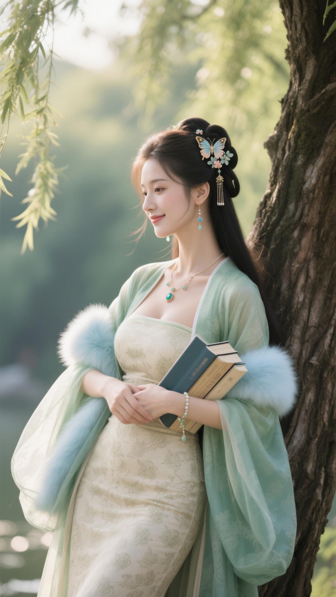 《清平乐·柳下持书》柳丝垂绿，青袂沾云气。蓝裘轻笼春衫薄，蝶簪斜簪云髻。